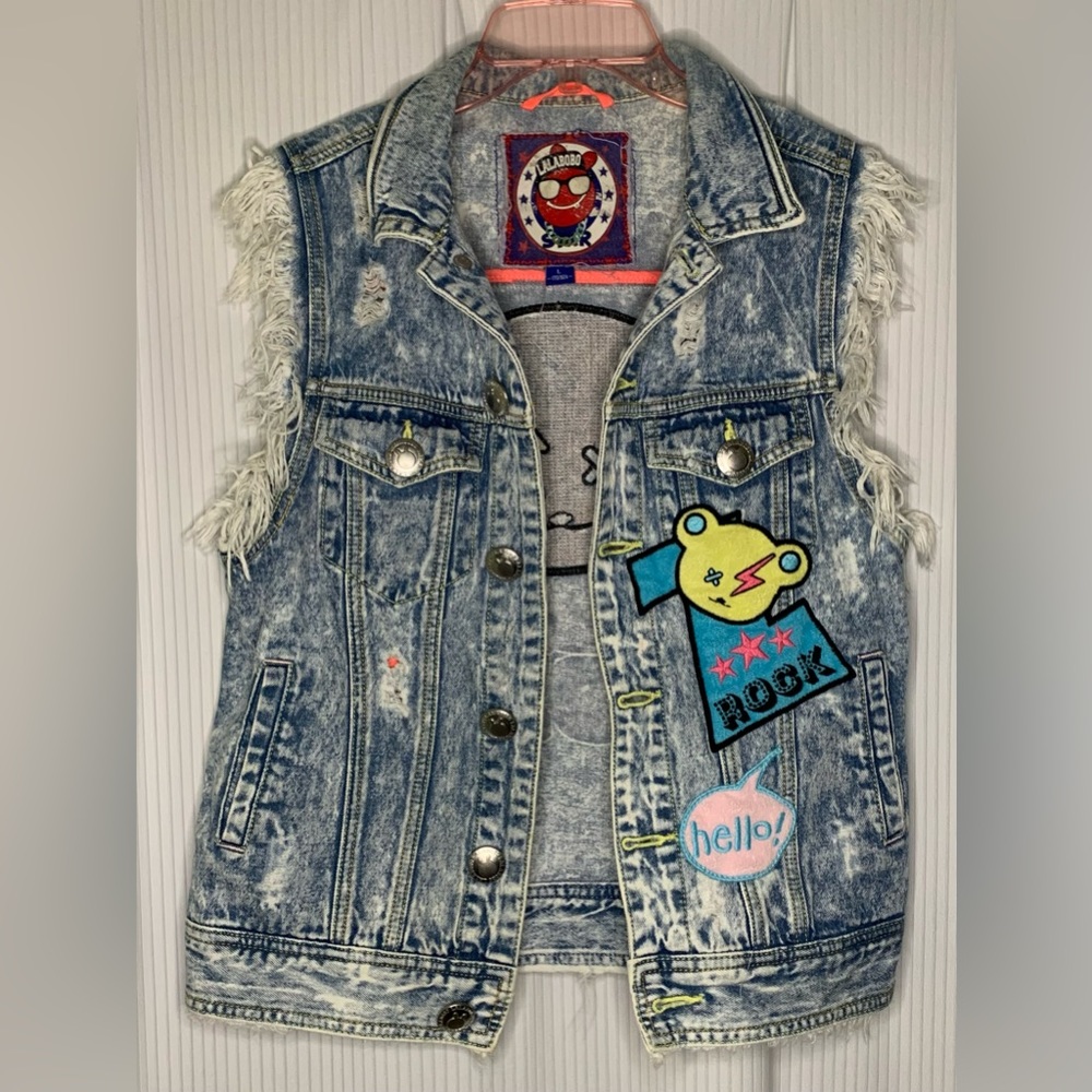 Lalabobo Light Wash Denim Vest Distressed detail Patches Sequin Bear on back